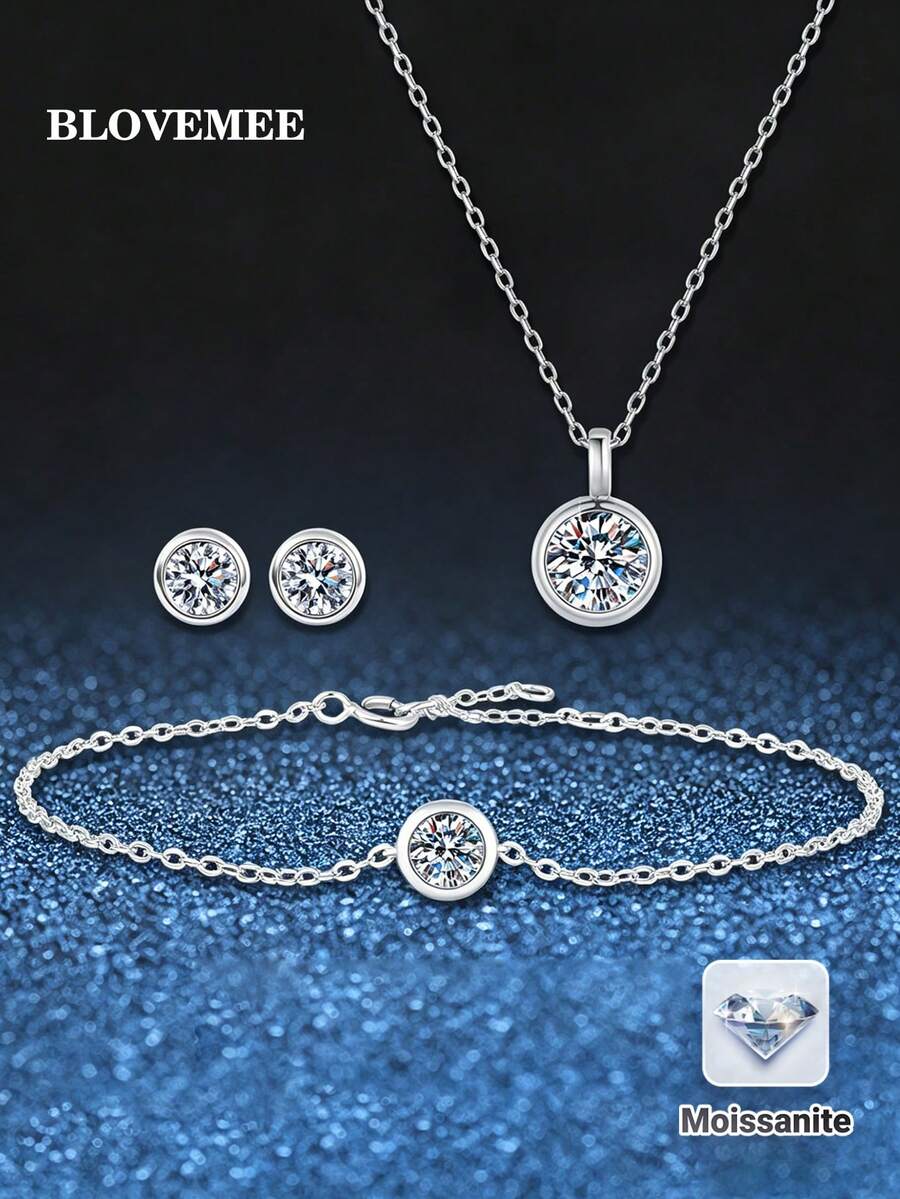 BLOVEMEE Juego de 4 piezas de joyería elegante de moda en plata 925: collar de 6.5mm x 1 pieza, pendientes de botón de 5.0mm x 2 piezas, pulsera de 5.0mm x 1 pieza, total 2.5ct de moissanita, adecuado para uso diario de mujeres, collar de moissanita, fiesta, vacaciones, boda, aniversario, regalo de joyería para mujeres - Plateado - Ver 1