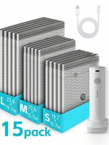 15/12/6/1件組 便攜式電動抽氣真空收納袋 4500Pa吸力 1500mAh USB充電式 省空間可重複使用 壓縮密封 防潮防霉 適用衣物、旅行行李、衣櫥、床上用品 - 查看 7