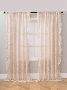1pc French Countryside Style Floral Lace Trim Curtain Sheer, Holiday Decor - Beige - View 5