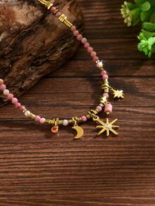 1pc Women's Stainless Steel Natural Stone Octagonal Star Pendant Colorful Patchwork Beaded Necklace, Fashion Vintage, Suitable For Daily Wear (Bead Color Random) - Gold-n1123 - View 3