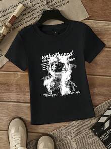 American Retro Portrait & Letter Print Slim Fit Crew Neck T-Shirt For Women, Short Sleeve, Black Casual - Black - View 6