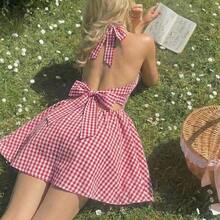 WNS  MOD Vestido mini con tirantes cruzados y fruncidos en estampado de cuadros rojos y blancos para mujer - Rojo y blanco - Ver 5