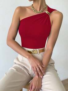 Blusa sin mangas negra y sexy con pliegues metálicos para mujer - Rojo - Ver 1