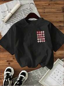 100% Cotton. Casual Short-Sleeved Printed T-Shirt. Women's Cotton T-Shirt With Round Neck And Short Sleeves, Front And Back Print. Spring/Summer Top. - 黑色 - 查看 2