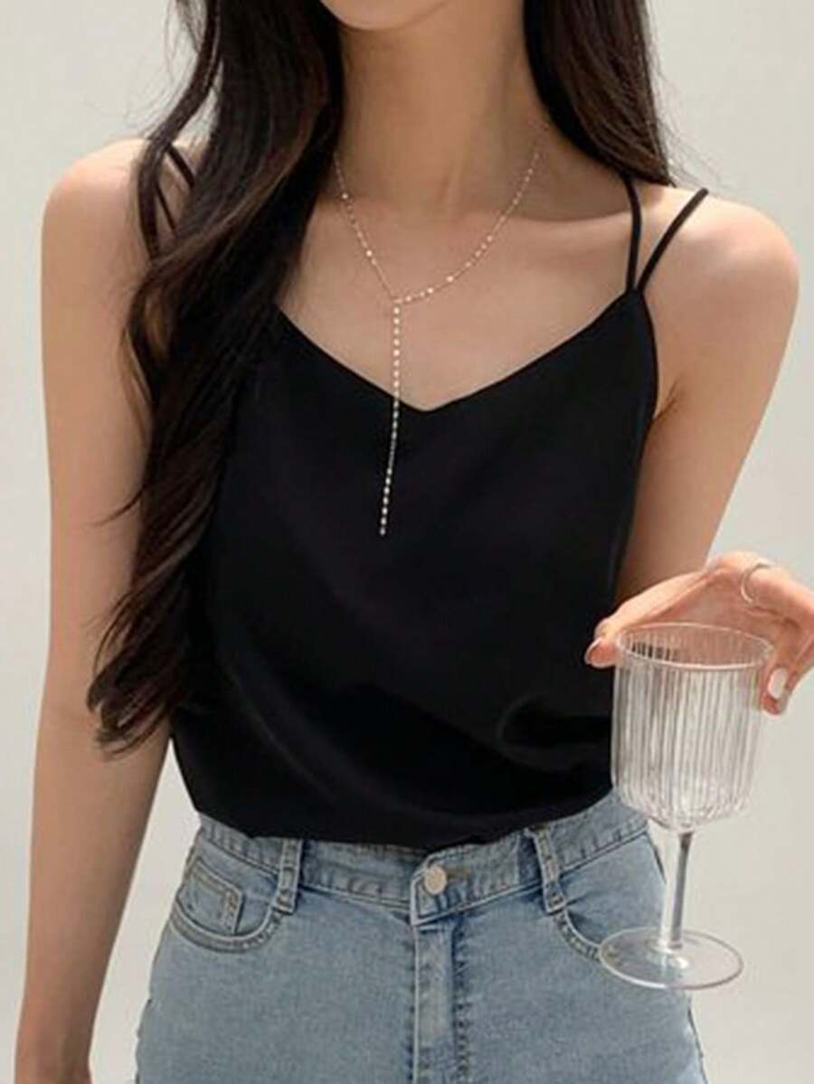 Top de tirantes cruzados en la espalda con cuello en V de unicolor para mujer - Negro - Ver 1