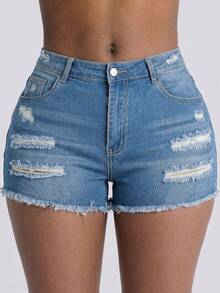 Șort din denim cu aspect uzat pentru femei mărimi mari, croială dreaptă, stil mini, casual, pentru vară - Spălare ușoară - Vizualizare 3