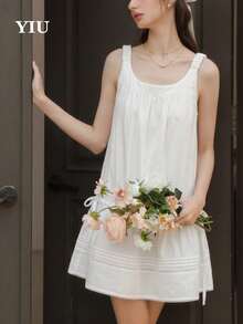 Women's Simple Solid Color Ruffle Hem Sleeveless Mini Dress, Summer - White - View 1