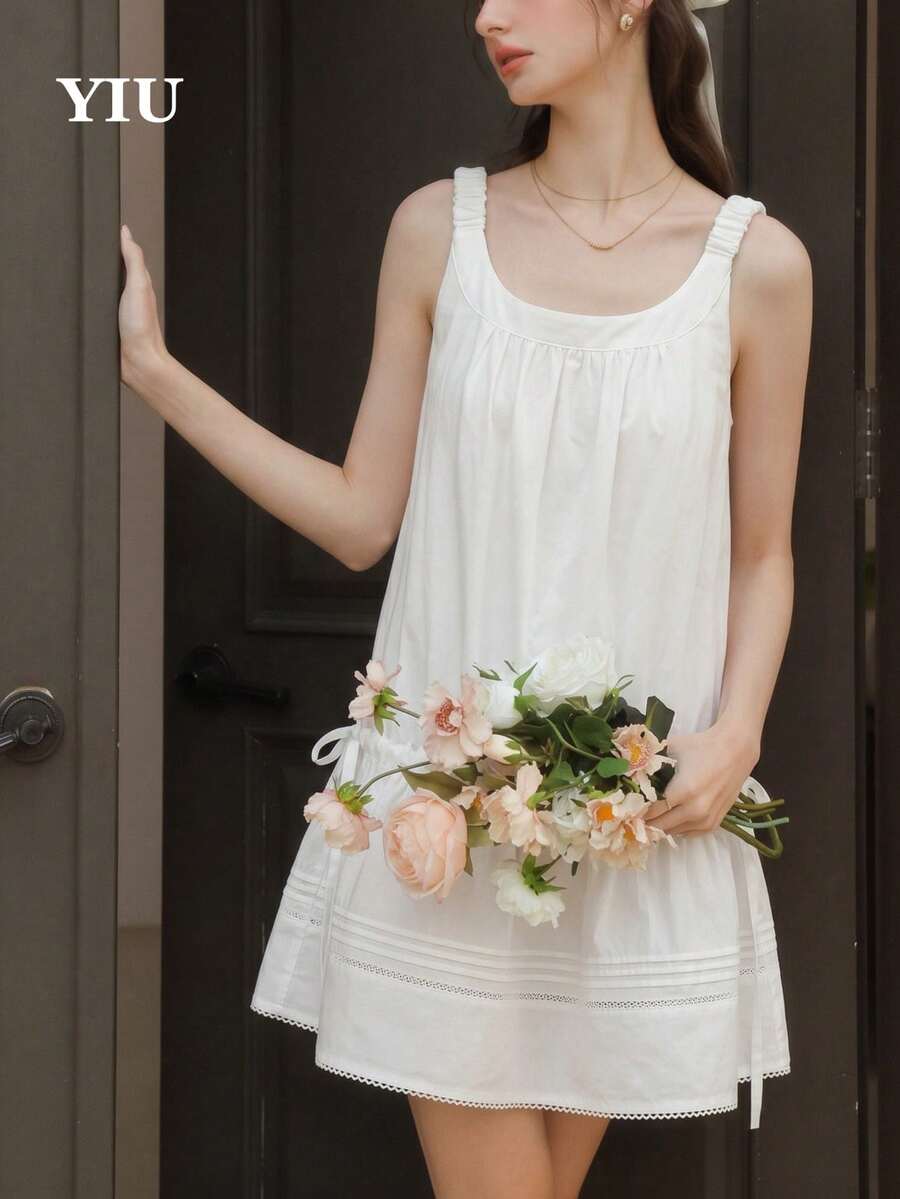 Women's Simple Solid Color Ruffle Hem Sleeveless Mini Dress, Summer - White - View 1