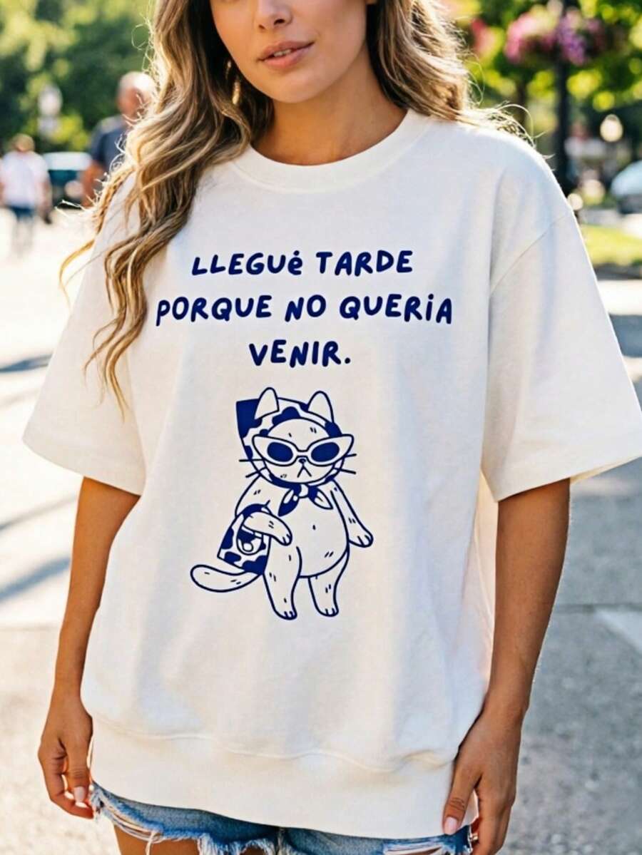 Garment With Spanish Text And A Stylish Cat Design, Ideal For A Casual, Fun And Personality-Filled Look. - 白色 - 查看 1