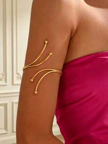 1pc Elegant Simple Dual-Layer Rhinestone & Metal Arm Cuff, Fashion Jewelry For Women, Vacation, Party, Beach - Yellow Gold - View 6