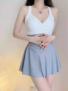 New Summer Collection Women's One-Piece Swimsuit, Two-Tone White X Blue, Cross Back, Ribbon Detail, Sexy, Beach, Pool, Swimming - Gray - View 3