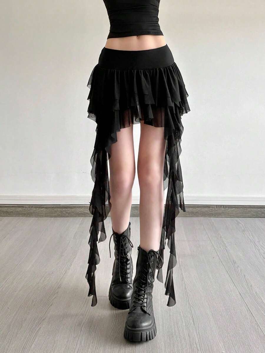 Falda corta de diseño asimétrico versátil y de cintura alta - Negro - Ver 1