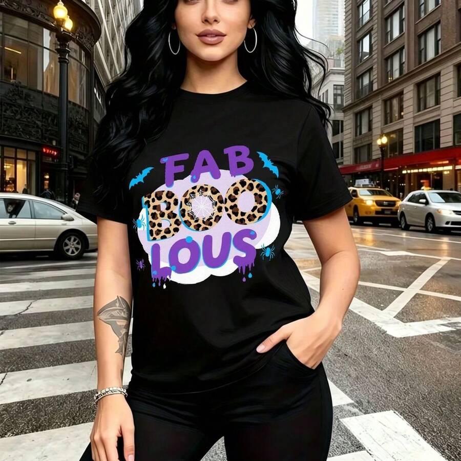 Camiseta de mujer con estampado gráfico "FAB BOO LOUS" en letras púrpuras con efecto goteo y leopardo - diseño urbano moderno, ajuste cómodo y estilo casual ideal para calles, fiestas o salidas diarias - regalo perfecto para mamá, esposa, novia, herm - Negro - Ver 1