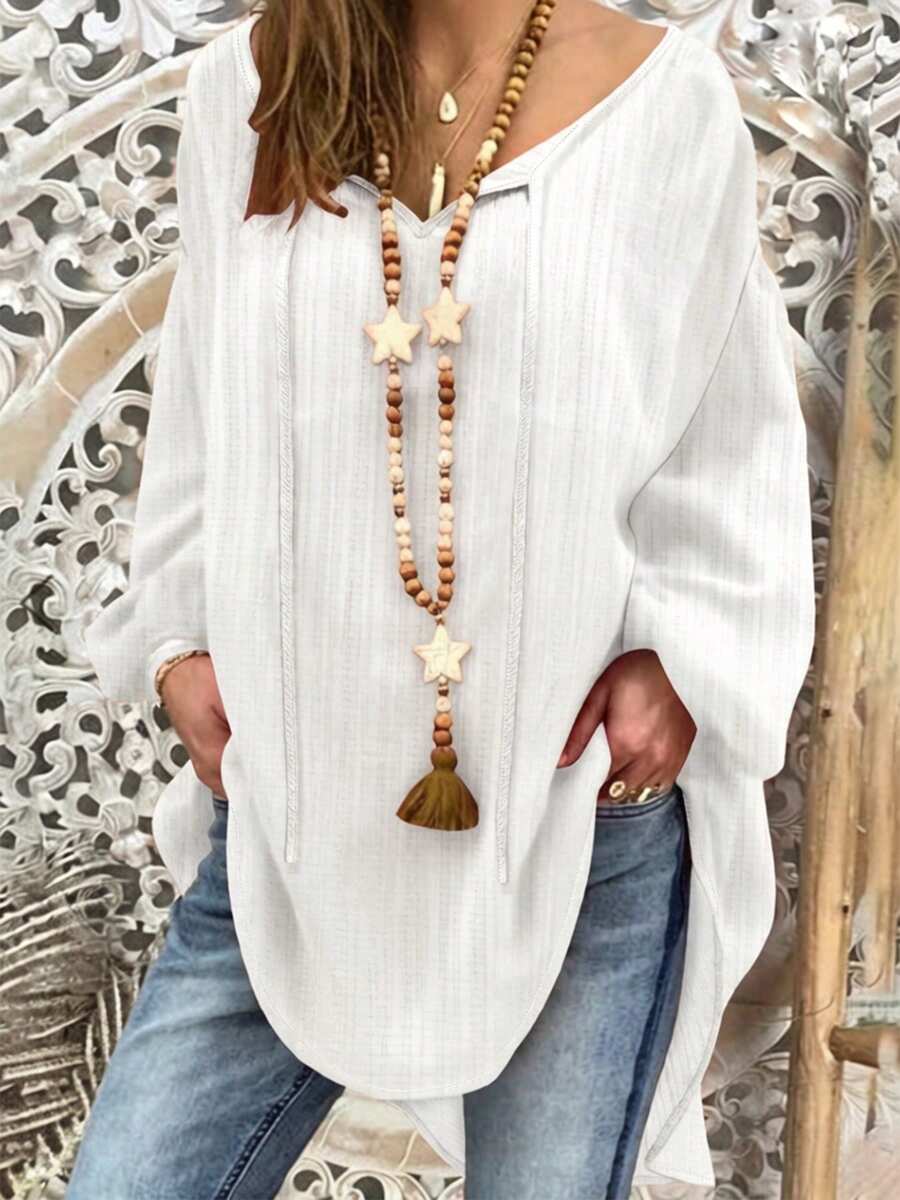 大尺碼女款波希米亞風度假寬鬆V領上衣，輕量仿亞麻紋理夏季鄉村風海灘白色