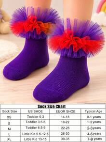 1 Pair Girls Princess Style Mesh Lace Short Socks, Baby Dual-Tone Ruched Mesh Dance Performance Tutu Socks - Purple - View 4
