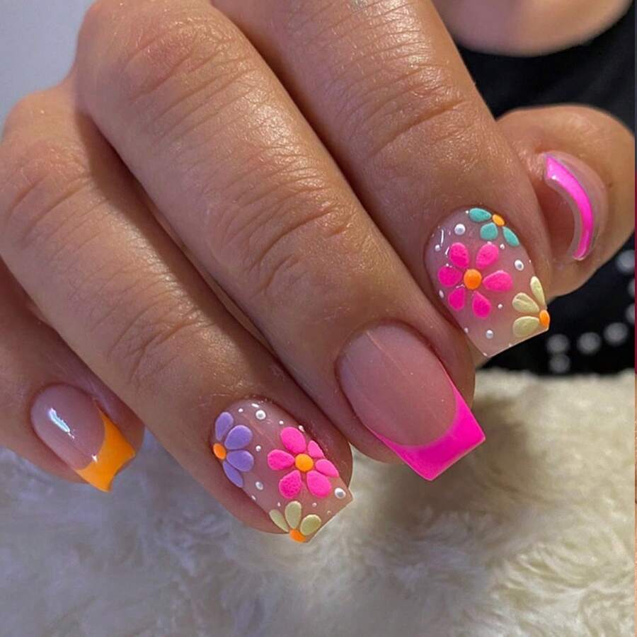 24pcs Short Square Fingernails With 1 Nail File And 1 Jelly Glue - Multicolor - View 1