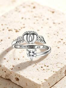1pc Unique 925 Sterling Silver Angel Wings "MOMMY OF AN ANGEL" Adjustable Ring, Gift For Mom - White - View 6