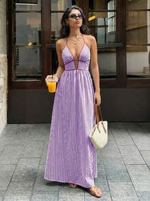 Vestido Cuello Halter Espalda Descubierta Rayas Disponible en Múltiples Colores - Morado - Ver 2