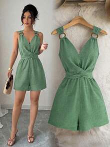 Mono elegante de mujer de cuello en V azul sin mangas con decoración de lazo y diseño ajustado, adecuado para primavera y verano - Verde - Ver 1