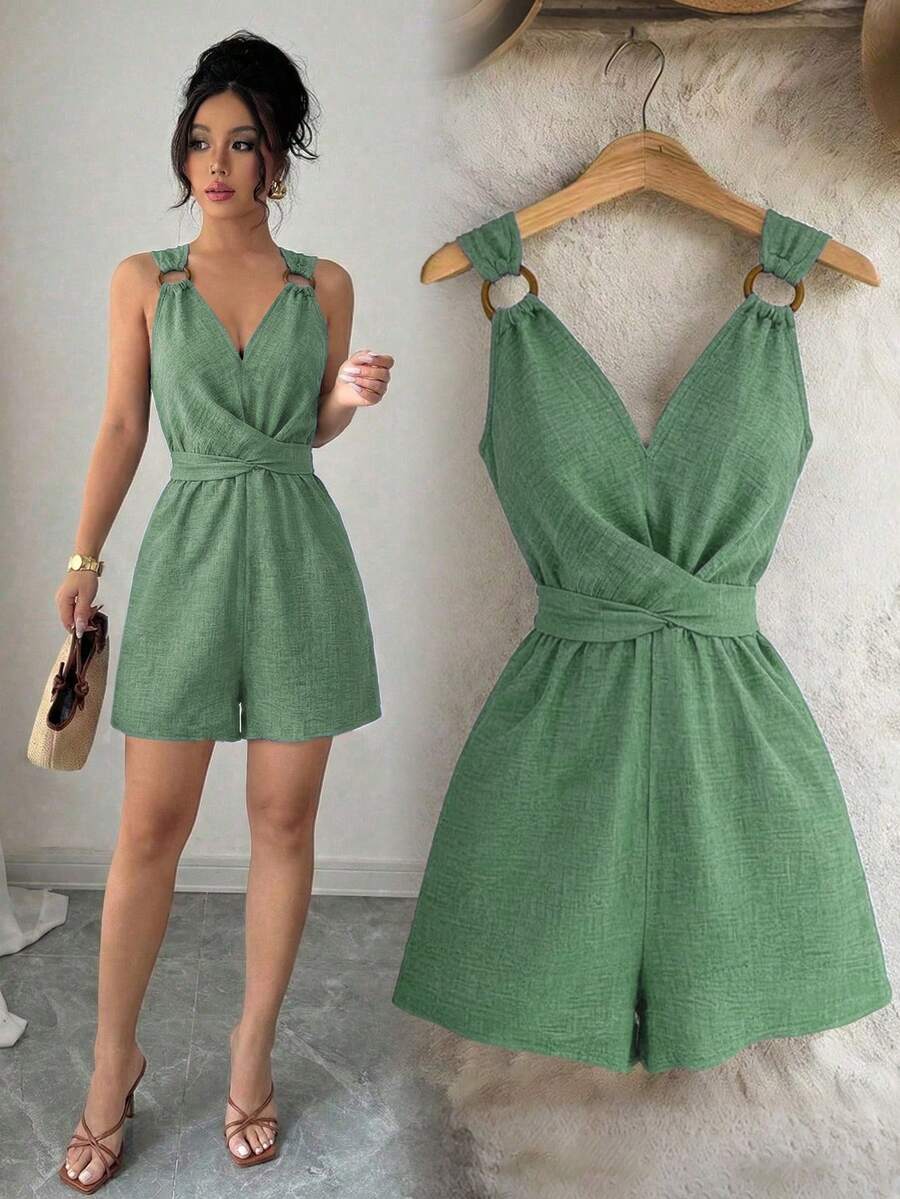 Mono elegante de mujer de cuello en V azul sin mangas con decoración de lazo y diseño ajustado, adecuado para primavera y verano - Verde - Ver 1