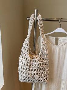 手工编织小号斜挎包，新款编织单肩包，小众海滩风，百搭方形信封包，时尚别致，ins风，度假海滩包 - 白色 - 查看 10