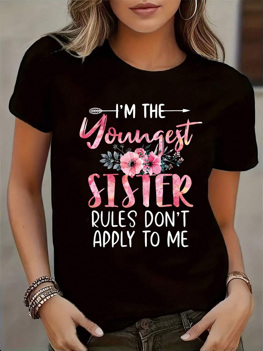 Fashionable T-Shirt With English Letter Print - Hitam - View 1