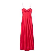 2026 Vestido largo rojo con cuello en V estilo festivo con textura satinada sin mangas de verano para mujer con cremallera trasera vestidos con tirantes a - verde terciopelo - Ver 3