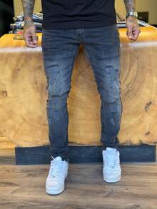 Men's City Denim Slim Fit Player Style Jeans, Black, Distressed With Rips And Paint Splatters – Slim Fit, Premium Thick Fabric - JO-04 - 查看 5