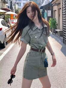 [2026 Summer Emo Retro] Short-Sleeved Denim Dress With A Defined Waist For A Flattering Silhouette. Mini Length. One Piece For A Complete Stylish Look. Affordable And Flattering. Women's Dress. - Retro Blue Denim Dress - View 3