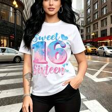 Camiseta de mujer con estampado "Sweet 16 Sixteen" en diseño galáctico rosa y azul con corazones - camiseta casual de manga corta, ajuste cómodo y moderno, estilo urbano para la calle y eventos temáticos - regalo perfecto para mamá, esposa, novia, he - Blanco - Ver 8