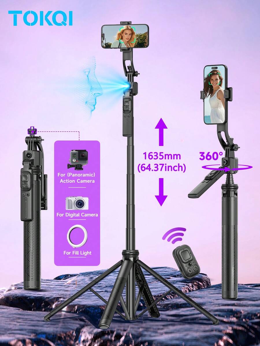 TOKQI Palo selfie con trípode de seguimiento facial automático, soporte de teléfono inteligente de aleación de aluminio extensible, soporte de teléfono giratorio 360°, palo selfie con control remoto Bluetooth, compatible con teléfonos Android e iOS