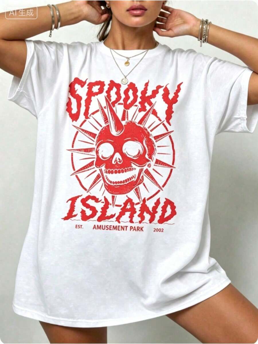 Minimalist. 100% Cotton. 1 Pack. Gothic Punk T-Shirt, 100% Cotton, Spooky Island Skull Graphic Tee, Women's Summer Top For Concerts And Street Style, Short Sleeve, Dark Aesthetic, Y2K Style, Bold Fashion, Halloween Outfit, For Women. Spring/Summer Top. - 白色 - 查看 1