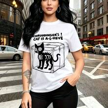 Camiseta de mujer con estampado divertido de física cuántica 'Schrödinger's Cat is A-L-Meow' y silueta de gato esquelético - camiseta casual de manga corta, ajuste cómodo y fresco, estilo urbano y humorístico para la calle - ideal para el Día de las - Blanco - Ver 11