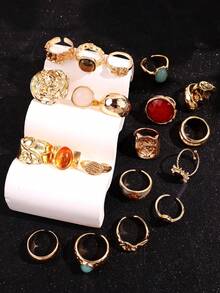 6/20pcs Vintage Multicolor Faux Gemstone Ring Set, Luxury Versatile Jewelry Accessories For Women - Multicolor - View 5