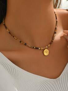 1 buah Kalung Manik-Manik Geometris Batu Alam Stainless Steel Wanita, Gaya Vintage Modis Cocok untuk Pemakaian Sehari-hari (Warna Manik-Manik Acak) - Emas-N1126 - View 2