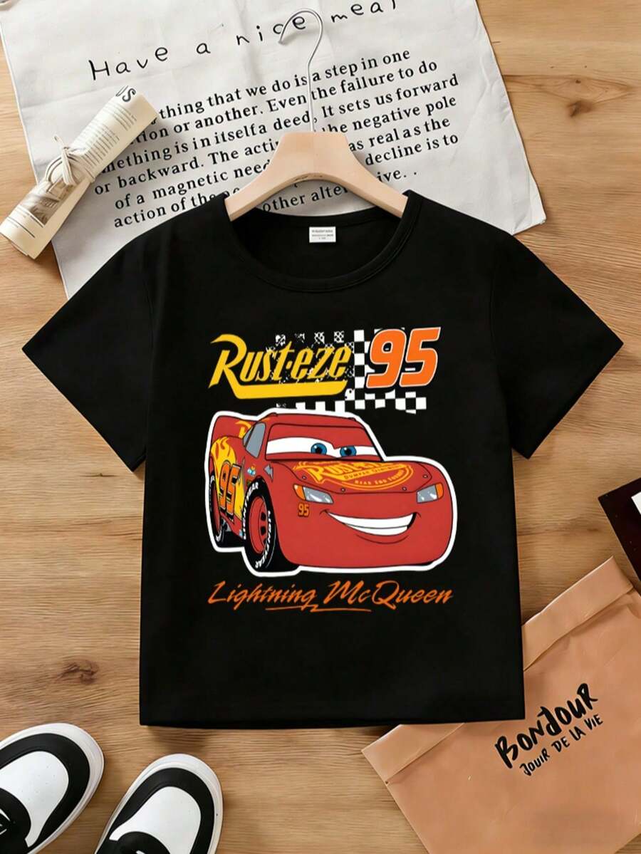 Disney Cars Lightning McQueen Unisex Toddler T-Shirt, 6 Months-3 Years, Soft Kids Top With Lightning McQueen Rust-Eze 95 Graphic & Checkered Flag Print, Casual Everyday Wear, Express Delivery - 黑色 - 查看 1