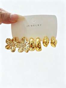 4/16PCS Fashion Women Geometric Multi-Element Gold Metallic Earring Set, Suitable For Daily & Festival Wear, (Lightweight CCB Material, Non-Fading/No Drooping Feeling) - Gold - View 5