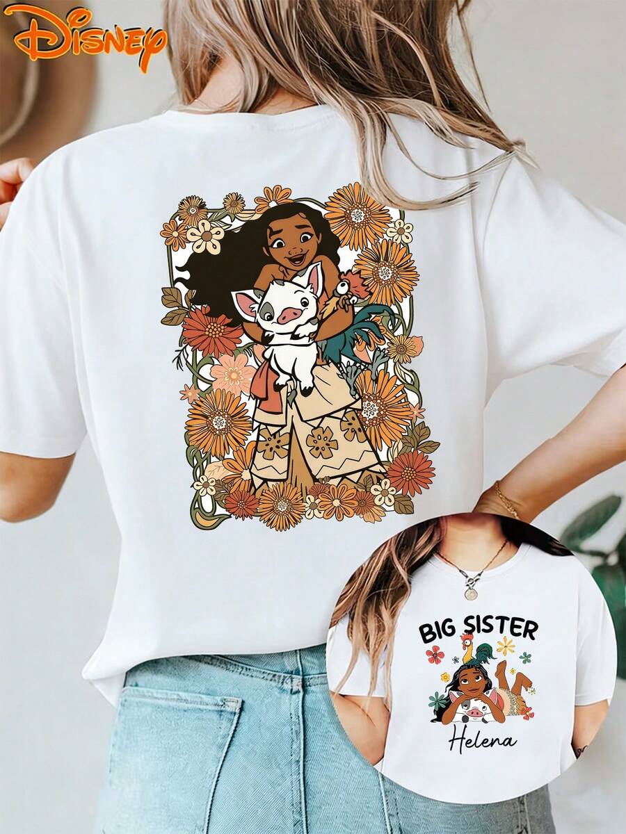 Disney Genuine Women'S Summer Clothing Moana Vintage Floral Print With Moana Hugging Little Pig Pua And BIG SISTER Helena Text And Moana Pua Chick Heihei Cartoon Pattern Women'S T-Shirt Top Summer New Short-Sleeved T-Shirt Women'S Casual Fashion - trắng - Xem 1
