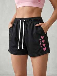 Women's Y2K Style "L'amour" Letter & Heart Print Shorts - Essential For Summer, Cute & Versatile. A Perfect Gift For Your Girlfriend. Sports - Black - View 1