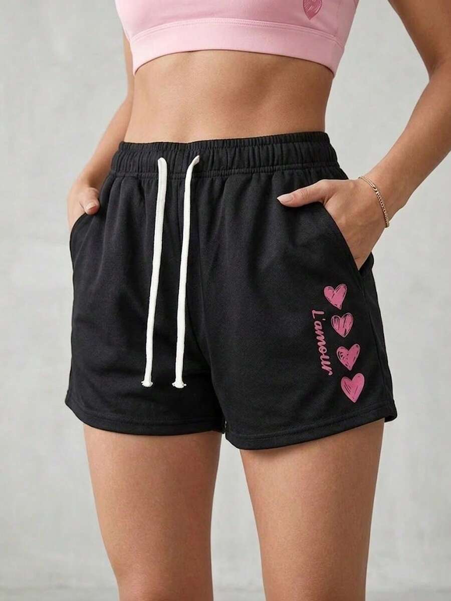 Women's Y2K Style "L'amour" Letter & Heart Print Shorts - Essential For Summer, Cute & Versatile. A Perfect Gift For Your Girlfriend. Sports - Black - View 1