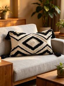 1pc Black Rhombus Pattern Pillowcase, Bohemian Style Embroidered Four-Corner Tassel Fringe Craft, Nordic Daily Room Bed Head Decor Cushion, Living Room Office Sofa Cushion Cover, Outdoor Garden Patio Fabric Decor Pillowcase, Holiday Party Decor Pillowcase, Lounge Chair Cushion, All Seasons Universal, Without Insert, 30*50 45*45cm - Black and White - View 4