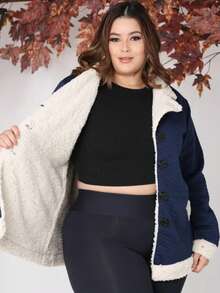 Vivi Women's Plus Size Coat With Button, Plush, Thick, Long Sleeve Winter - Navy Blue - View 3