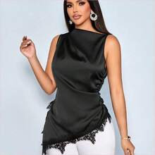 WNS  Blusa de satén elegante y minimalista para mujer con cuello alto simulado, recorte de encaje negro, parche y bajo asimétrico sin mangas - Amarillo claro - Ver 4