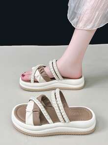 Nuevas sandalias reversibles para mujer, pantuflas con suela blanda y cómoda, zapatos con decoración de perlas y contraste de color - Caqui blanco - Ver 14