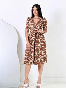 Women's Printed Dress, Flared, Casual, Elegant, Romantic Fabric - 棕色 - 查看 6