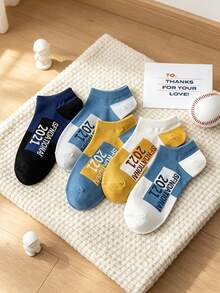 5 Pairs Men's Boat Socks, Blue White Yellow Colorblock Number Print Short Socks, Value Multi-Color Combination, Non-Slip Heel, Pure Cotton, Breathable, Sweat-Absorbent, Odor-Resistant, Anti-Slip, Casual Versatile, Spring Summer Thin Style, Daily Sports Commute Home Socks - Multicolor - View 5
