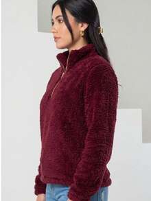 Plush Women's Teddy Jacket - Burgundy - View 2