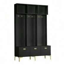 Wardrobe Set With Bench, Multifunctional Storage Bench, Open Storage, 6 Hooks And Gold Legs, Suitable For An Entryway Or Living Room, White, W 120/D 40/H 191.5 Cm - Black - View 6