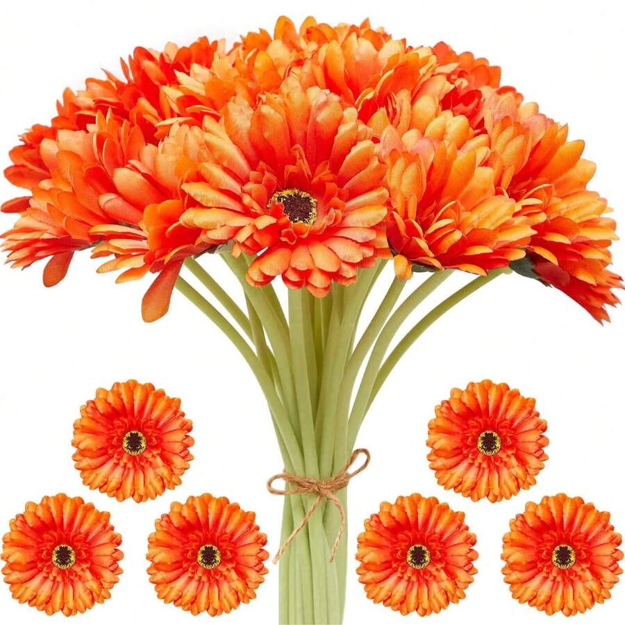 6/15件人造非洲雛菊花,人造非洲雛菊絲花,人造非洲雛菊仿真向日葵大批量逼真花束,適用於婚禮新娘花束、派對、家居、廚房裝飾 - 橘色 - 查看 1