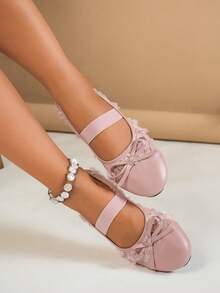 Sandal bệt nữ phong cách Âu Mỹ mới mùa hè, mũi vuông rỗng, đính nơ ren, quai co giãn, dễ xỏ, thoáng khí, thoải mái, đa năng đi bộ, phối váy, đi biển - Hồng - Xem 2